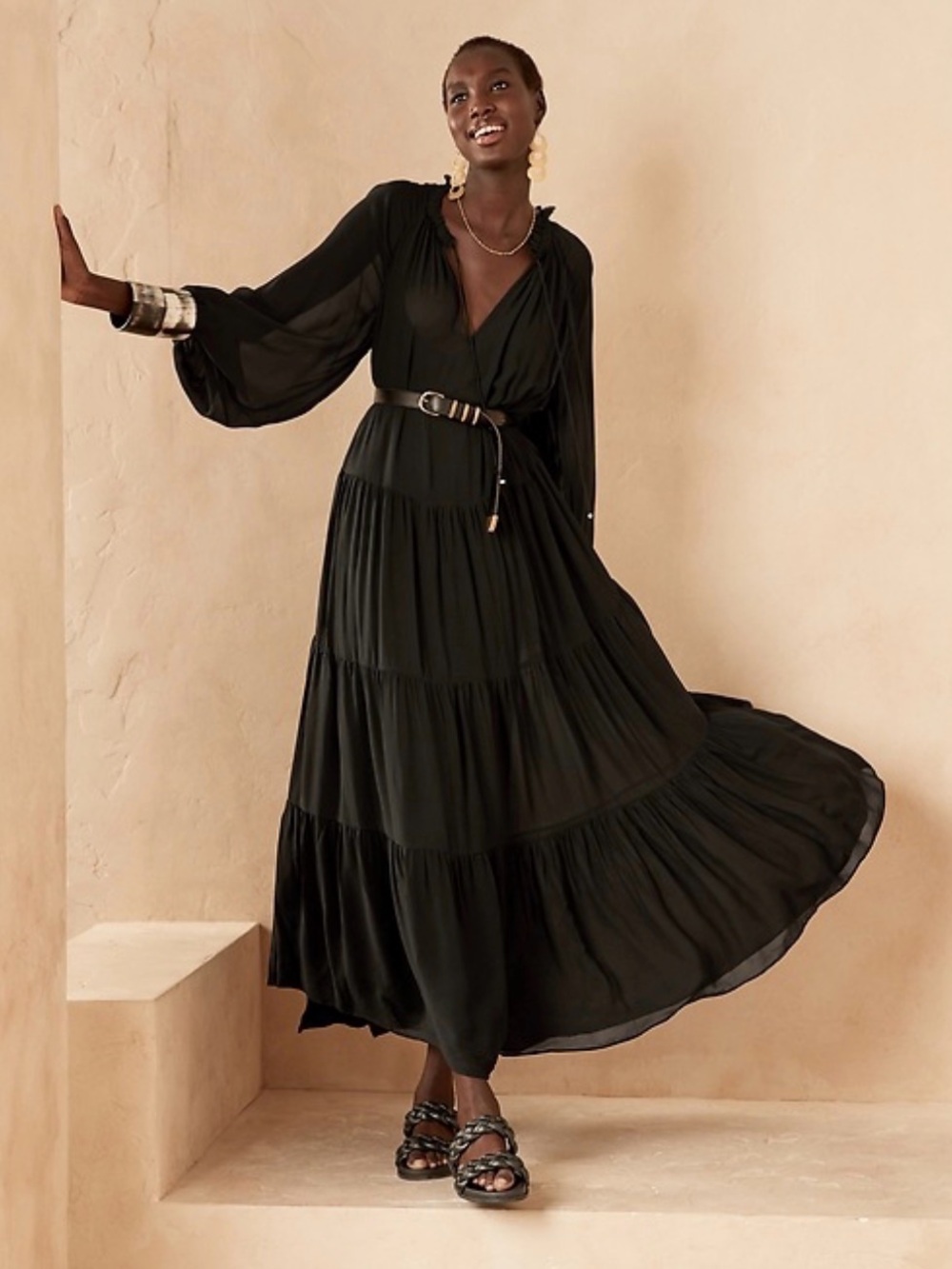 Banana Republic Satin Black Maxi Dress with Long Sleeves - Picture 2 of 6